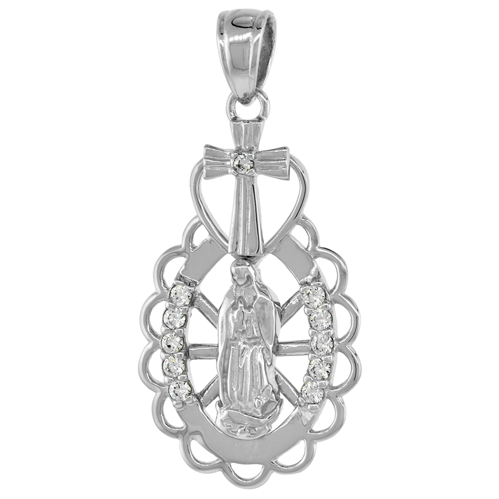 Sterling Silver Saint Guadalupe Cross Pendant Cubic Zirconia Rhodium Finish 1 3/16 inch tall