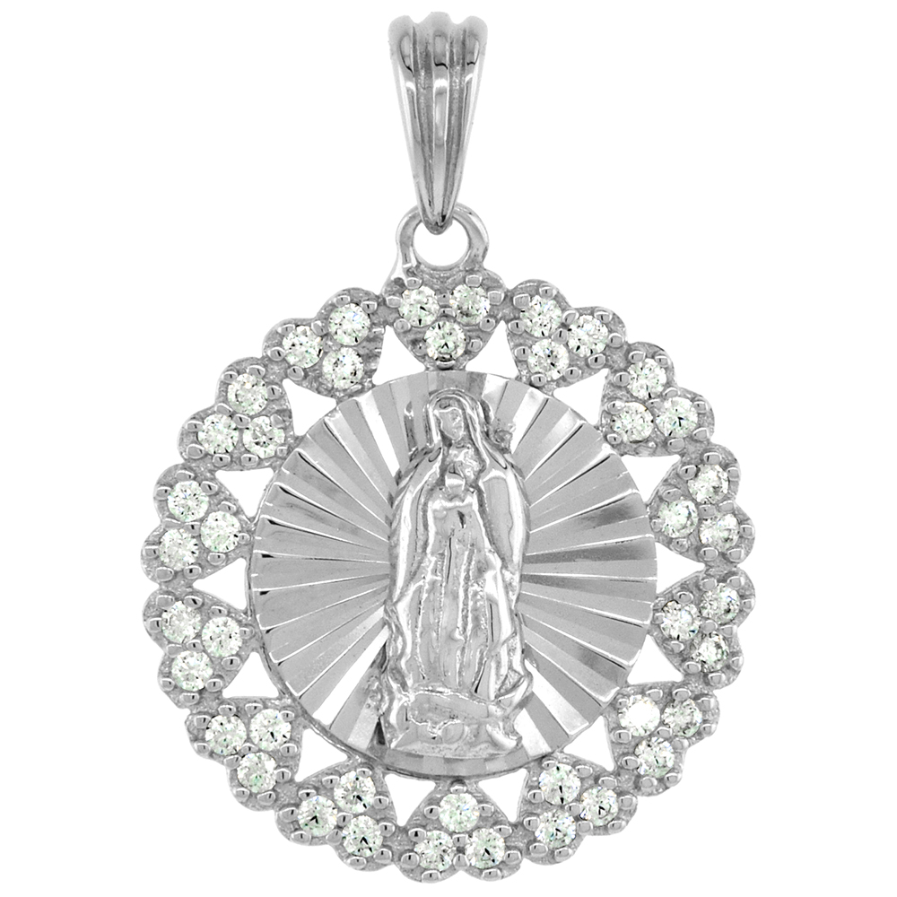 STERLING SILVER ST GUADALUPE MEDAL PENDANT MICROPAVE CZ HEART HALO RHODIUM FINISH 11/16 INCH ROUND