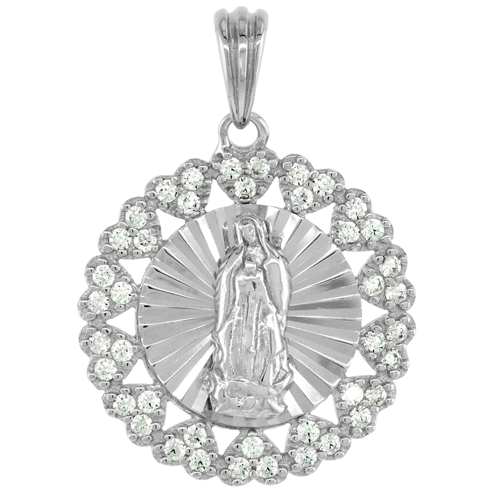 Sterling Silver St Guadalupe Medal Pendant Micropave CZ Heart Halo Rhodium Finish 11/16 inch Round