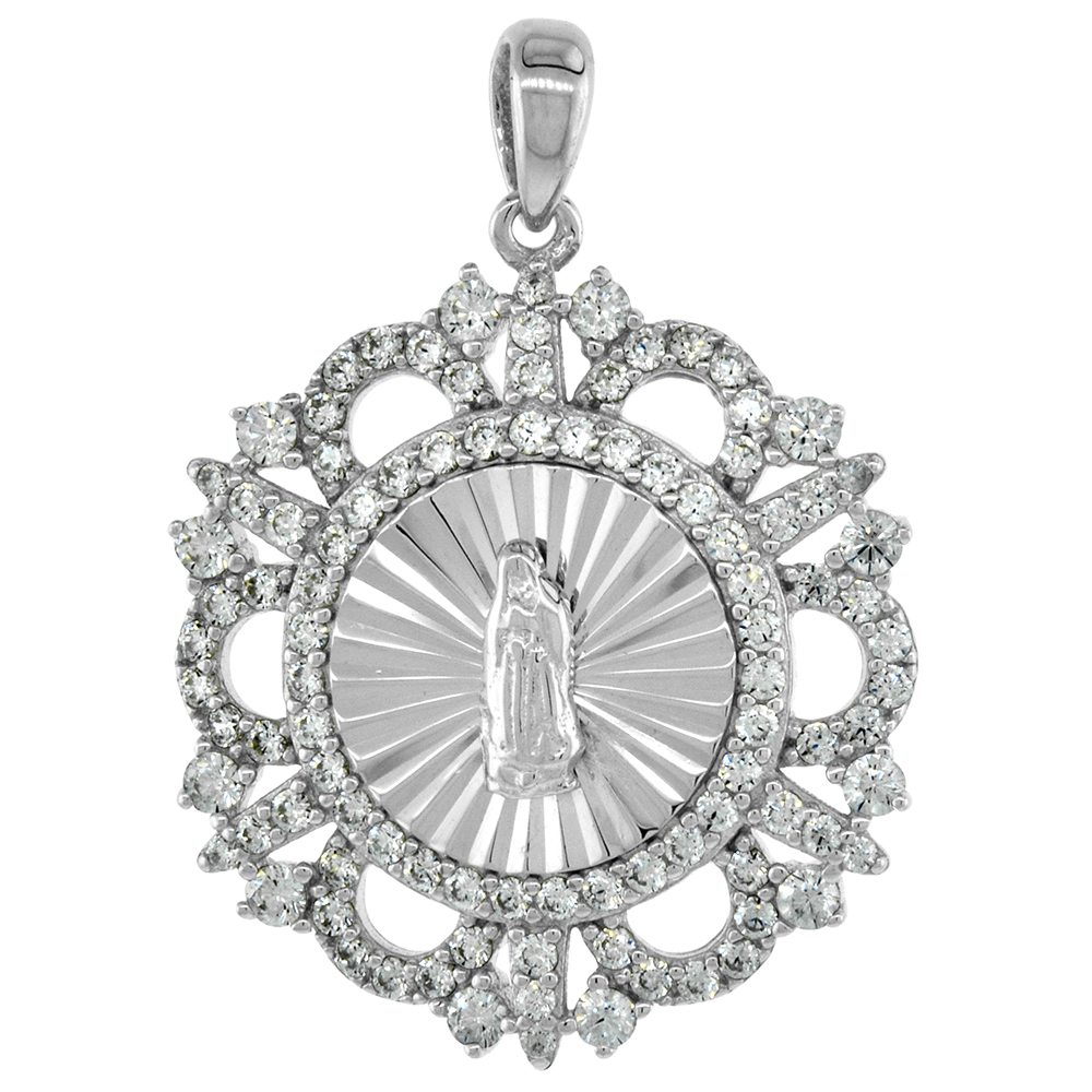 STERLING SILVER SAINT GUADALUPE MEDAL PENDANT MICROPAVE CUBIC ZIRCONIA RHODIUM FINISH 7/8 INCH ROUND