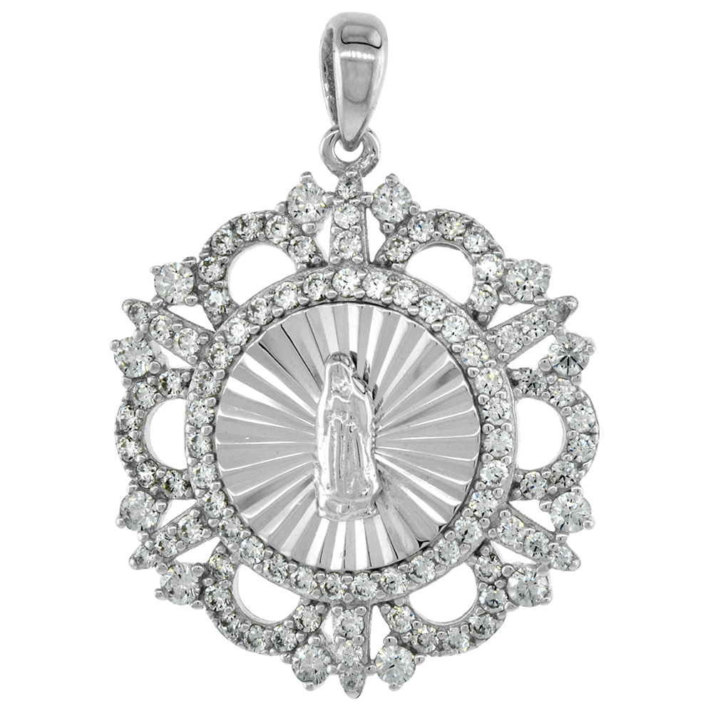 Sterling Silver Saint Guadalupe Medal Pendant Micropave Cubic Zirconia Rhodium Finish 7/8 inch Round