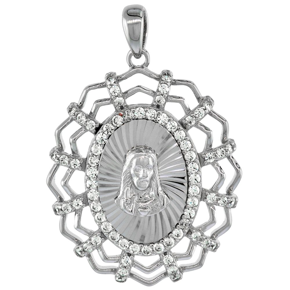 Sterling Silver Sacred Heart of Jesus Pendant Micropave Cubic Zirconia Rhodium Finish Oval 1 inch