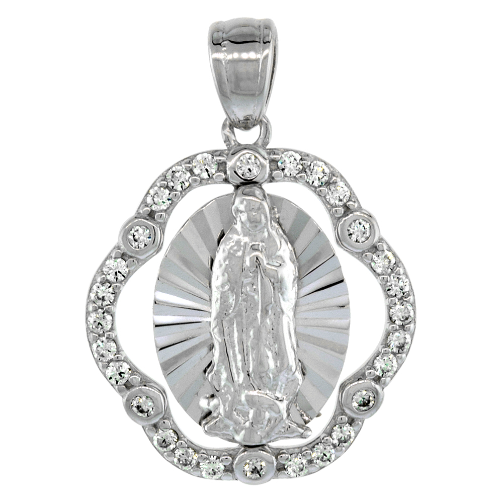 STERLING SILVER ST GUADALUPE PENDANT MICROPAVE CZ HALO DIAMOND CUT RHODIUM FINISH 5/8 INCH WIDE