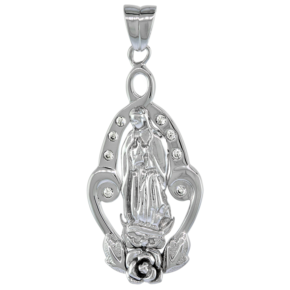 STERLING SILVER ST GUADALUPE PENDANT CZ ROSE RHODIUM FINISH 1 1/4 INCH TALL