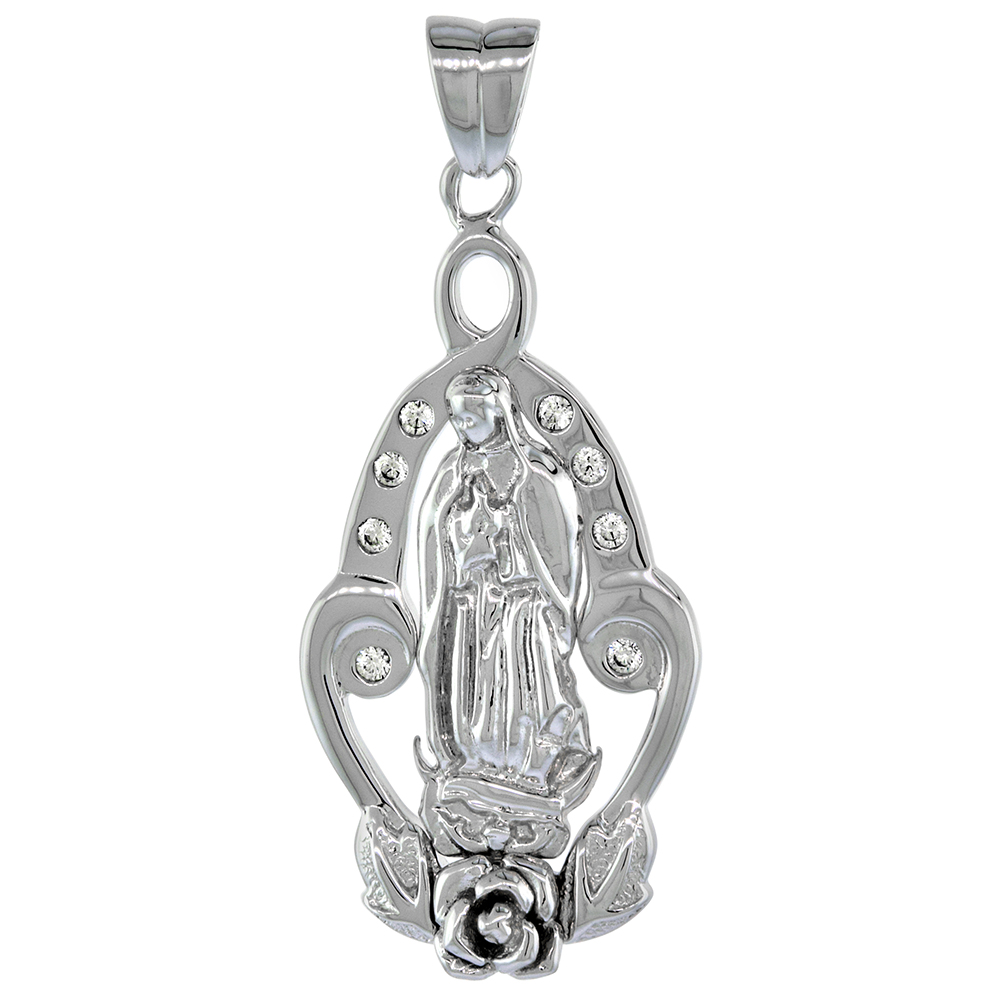Sterling Silver St Guadalupe Pendant CZ Rose Rhodium Finish 1 1/4 inch tall