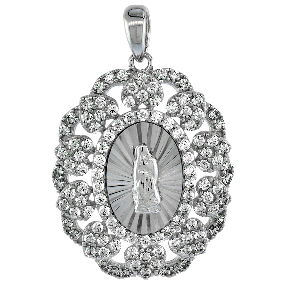 Sterling Silver St Guadalupe Medal Pendant Micropave CZ Heart Halo Rhodium Finish Oval 13/16 inch