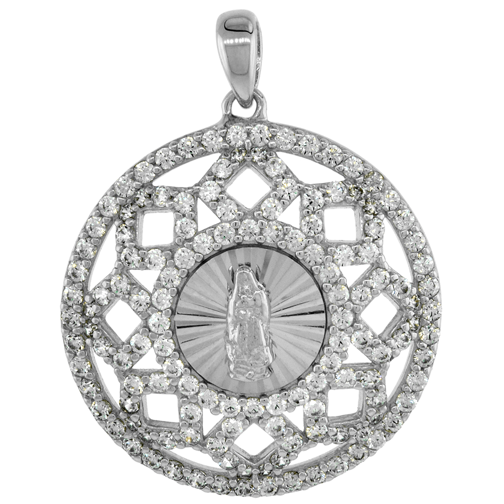 Sterling Silver St Guadalupe Medal Pendant Micropave CZ Diamond cut Rhodium Finish 7/8 inch Round