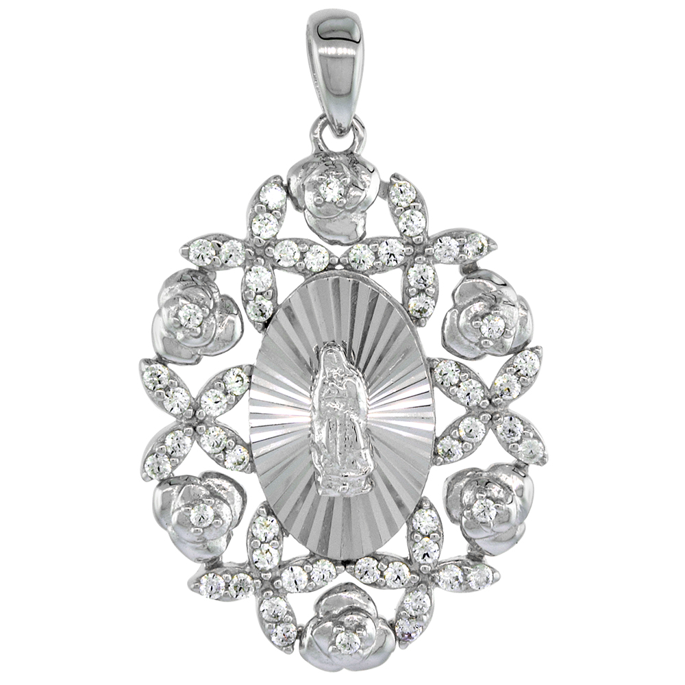 STERLING SILVER ST GUADALUPE PENDANT ROSE MICROPAVE CZ DIAMOND CUT RHODIUM FINISH OVAL 15/16 INCH