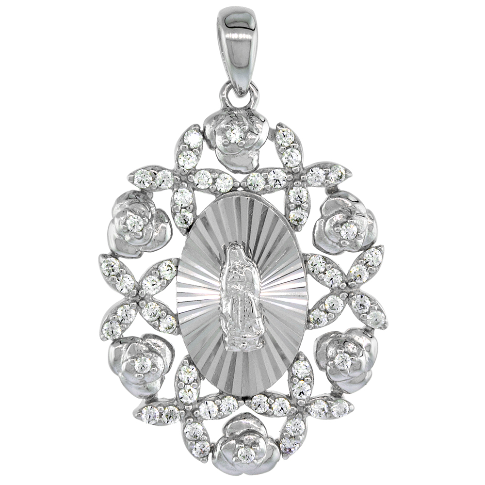 Sterling Silver St Guadalupe Pendant Rose Micropave CZ Diamond cut Rhodium Finish Oval 15/16 inch