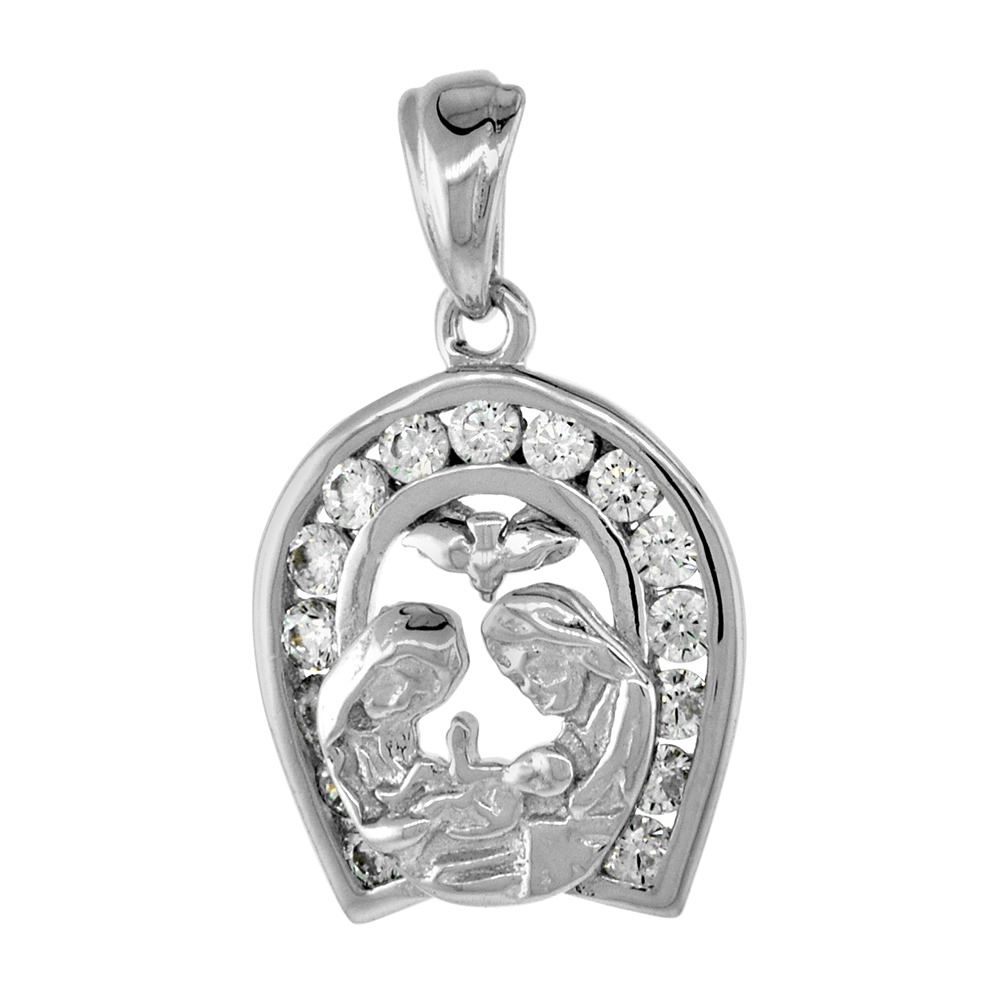 Sterling Silver Holy Family Pendant Cubic Zirconia Horseshoe Small Rhodium Finish 1/2 inch tall
