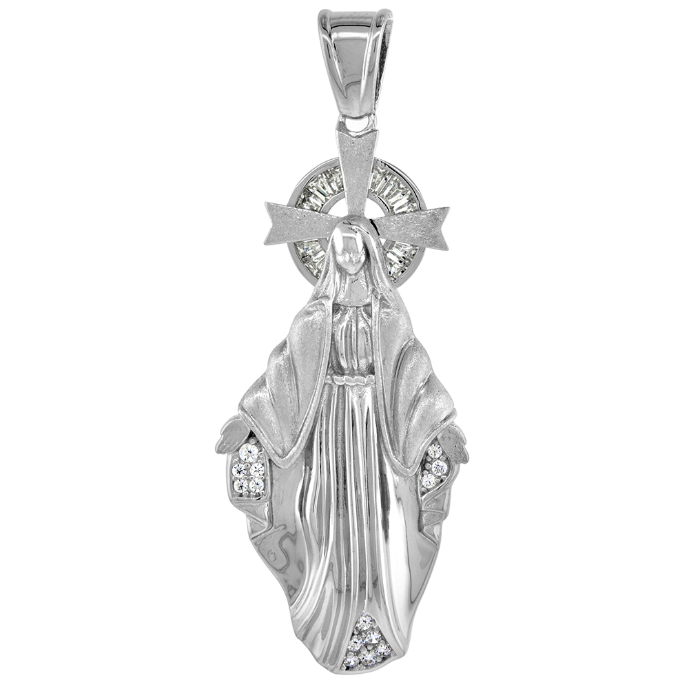 STERLING SILVER MIRACULOUS MARY PENDANT CUBIC ZIRCONIA RHODIUM FINISH 1 11/16 INCH TALL