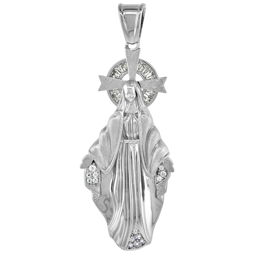 Sterling Silver Miraculous Mary Pendant Cubic Zirconia Rhodium Finish 1 11/16 inch tall