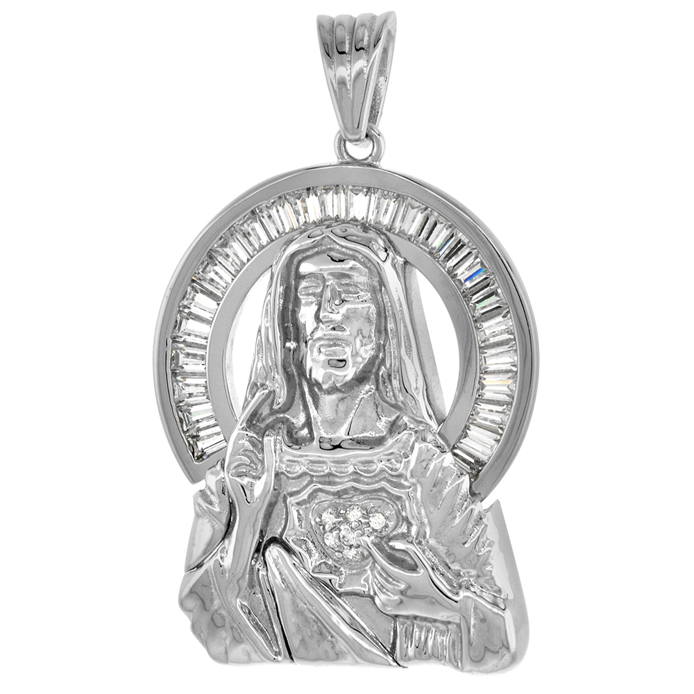 STERLING SILVER SACRED HEART OF JESUS PENDANT CUBIC ZIRCONIA RHODIUM FINISH 1 1/8 INCH TALL