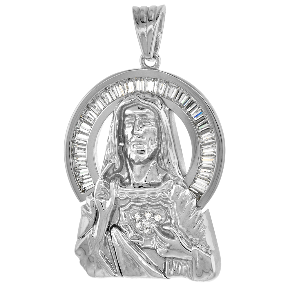 Sterling Silver Sacred Heart of Jesus Pendant Cubic Zirconia Rhodium Finish 1 1/8 inch tall