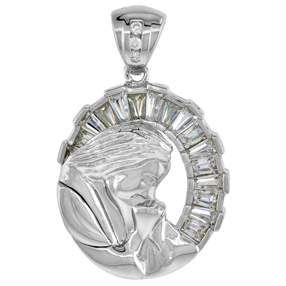STERLING SILVER PRAYING JESUS PENDANT BAGUETTE CUBIC ZIRCONIA RHODIUM FINISH OVAL 1 INCH TALL