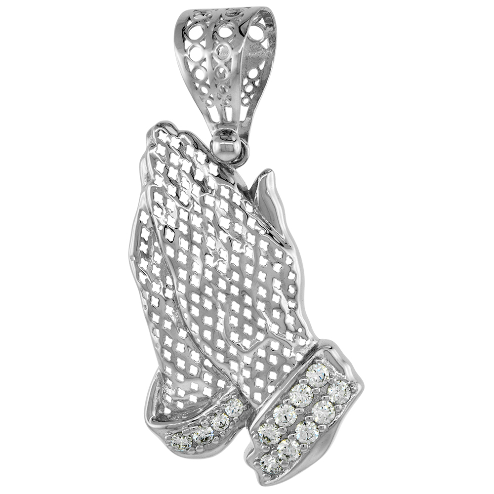 STERLING SILVER PERFORATED MESH PRAYING HANDS PENDANT CUBIC ZIRCONIA RHODIUM FINISH 1 9/16 INCH TALL