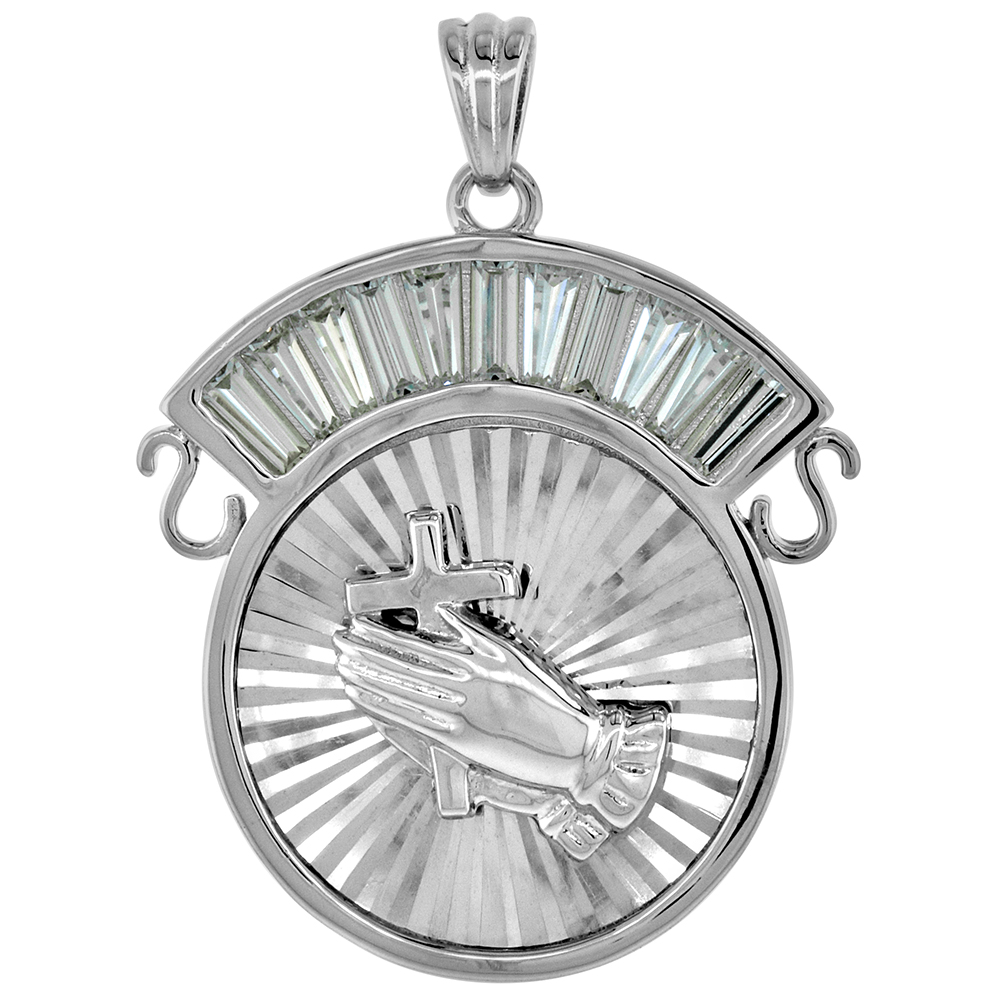 STERLING SILVER PRAYING HANDS CROSS PENDANT BAGUETTE CZ DIAMOND CUT RHODIUM FINISH 1 1/8 INCH ROUND
