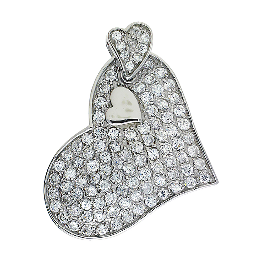 STERLING SILVER TRIPLE HEART PENDANT, W/ BRILLIANT CUT CZ STONES, 1 1/2" (37 MM) TALL, W/ 18" THIN SNAKE CHAIN