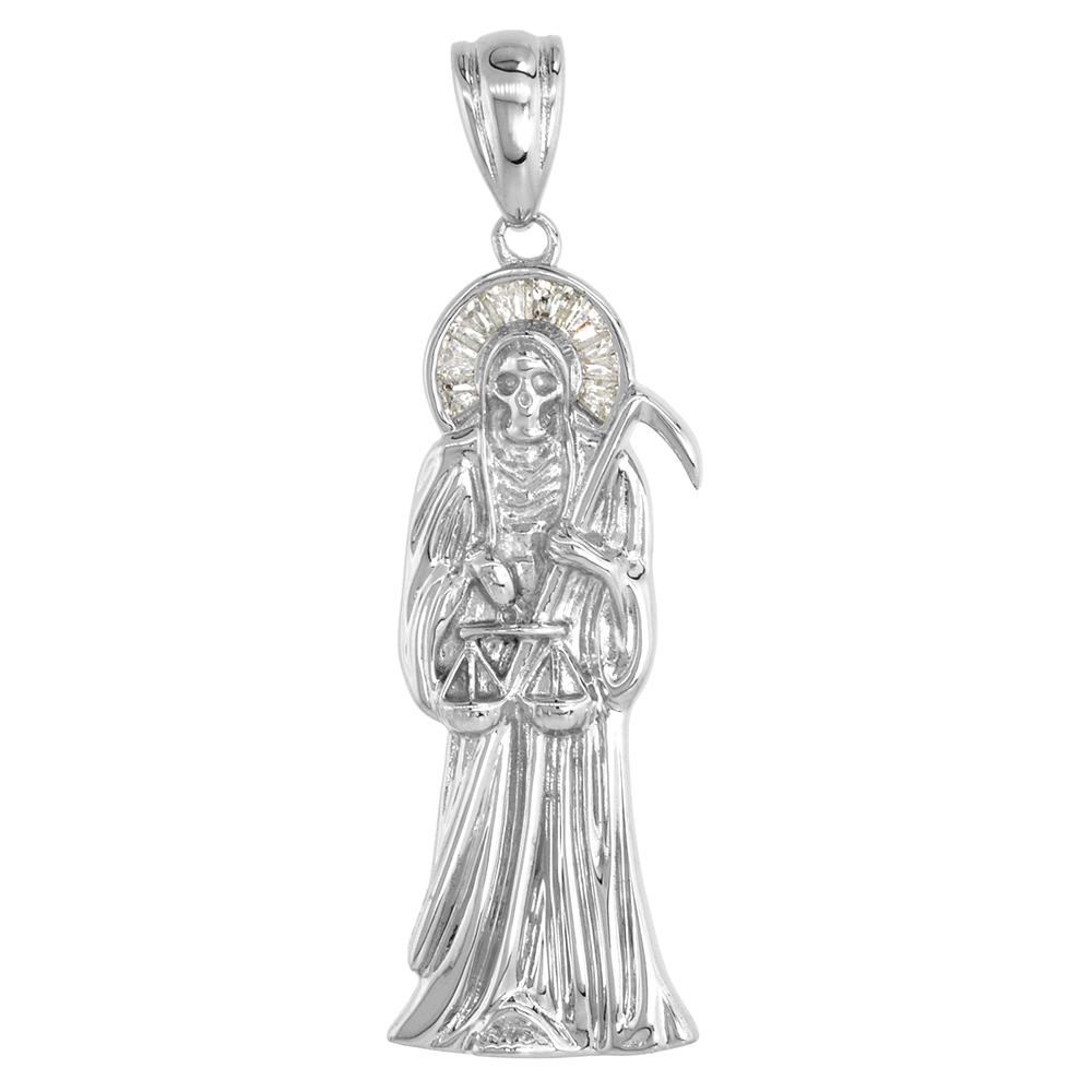 Sterling Silver Cubic Zirconia Santa Muerte Pendant Small Rhodium Finished, 1 1/4 inch long