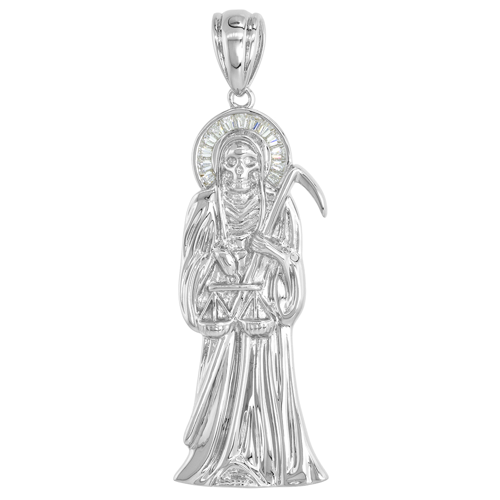 STERLING SILVER CUBIC ZIRCONIA SANTA MUERTE PENDANT MEDIUM RHODIUM FINISHED, 1 3/4 INCH LONG