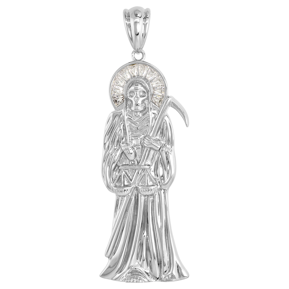 STERLING SILVER CUBIC ZIRCONIA SANTA MUERTE PENDANT LARGE RHODIUM FINISHED, 2 1/8 INCH LONG
