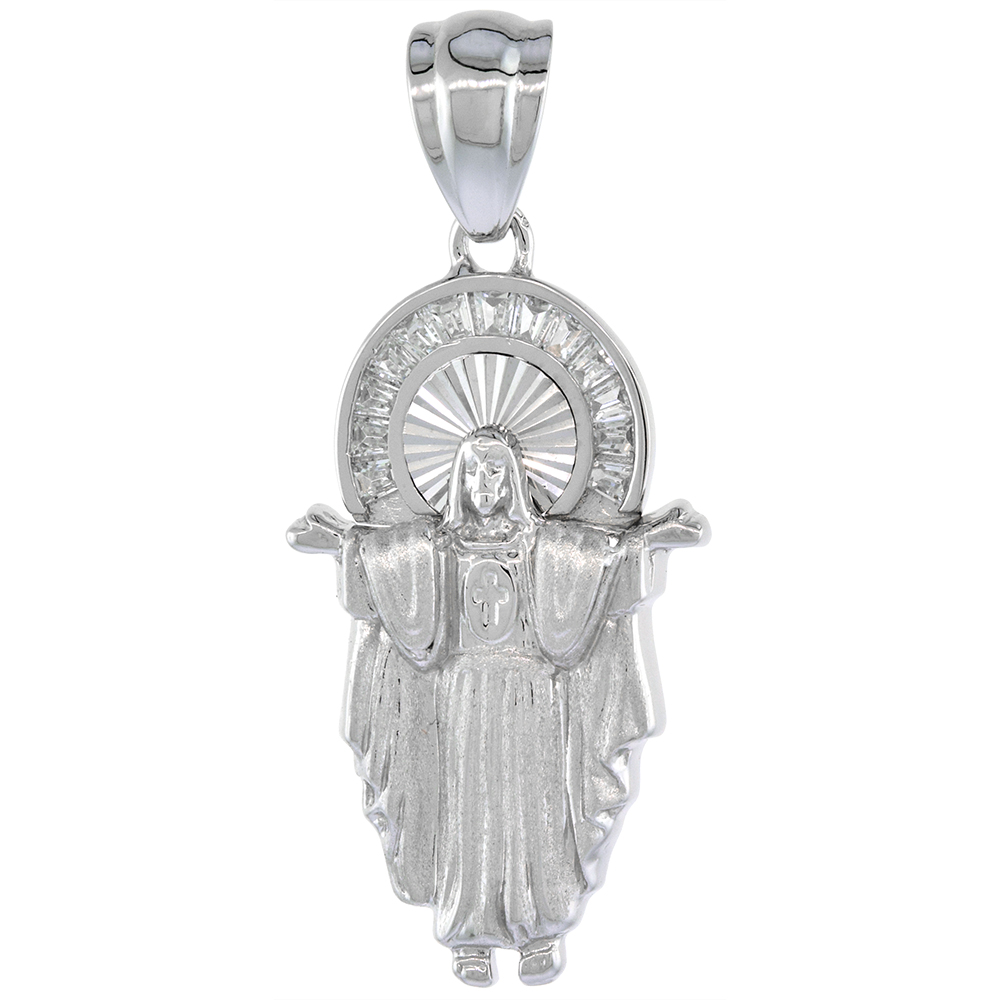 1 3/16 inch Sterling Silver Cubic Zirconia Risen Christ Pendant Outstretched Arms Baguette Halo No Chain Included