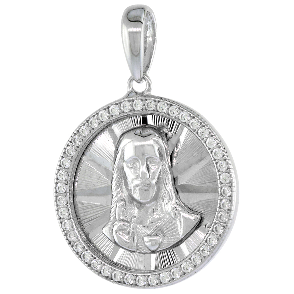 3/4 inch Round Sterling Silver Cubic Zirconia Sacred Heart of Jesus Necklace Micropave Halo Facted 16-24 inch
