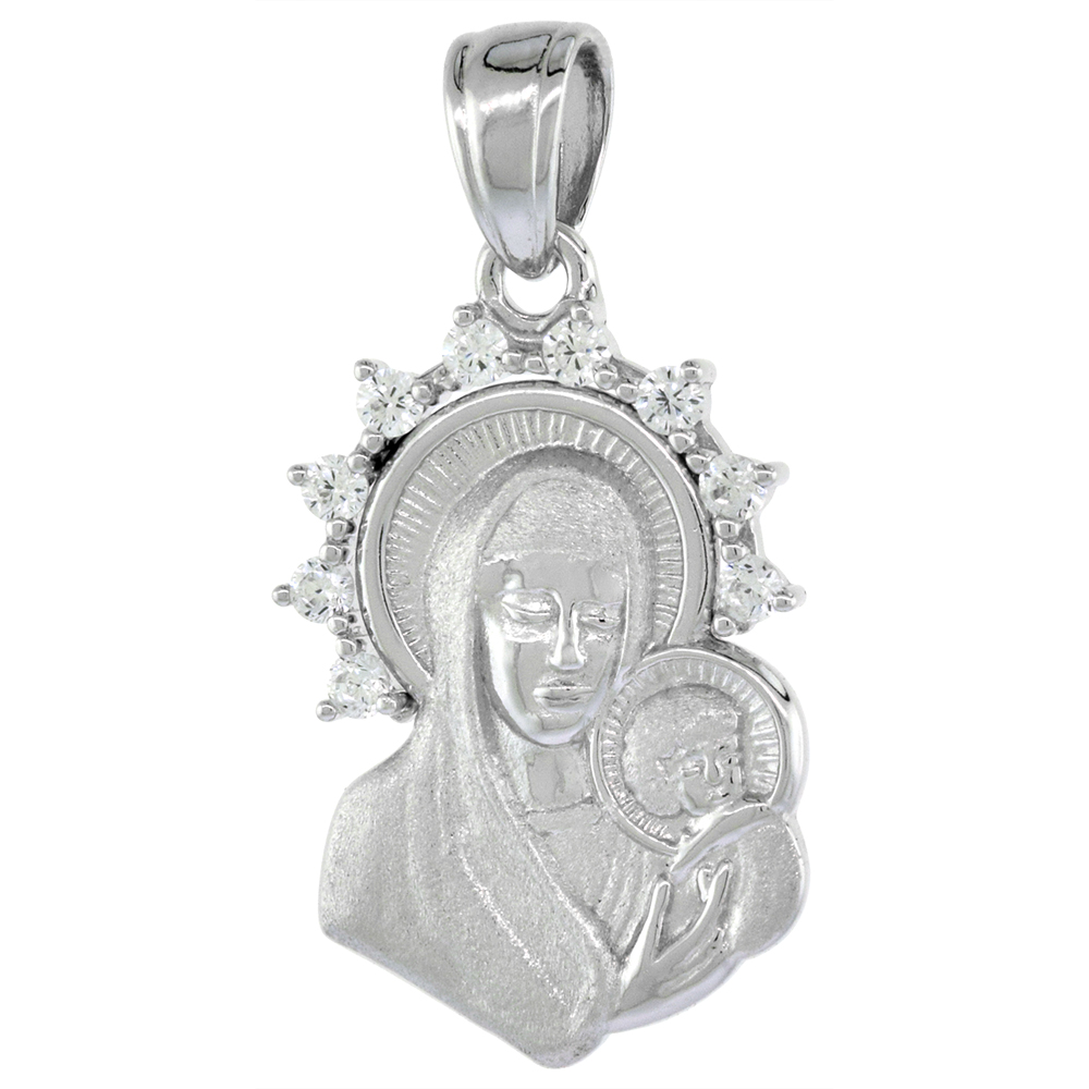 7/8 INCH STERLING SILVER CUBIC ZIRCONIA MADONNA AND CHRIST PENDANT CZ HALO RHODIUM FINISH NO CHAIN INCLUDED (NO CHAIN)