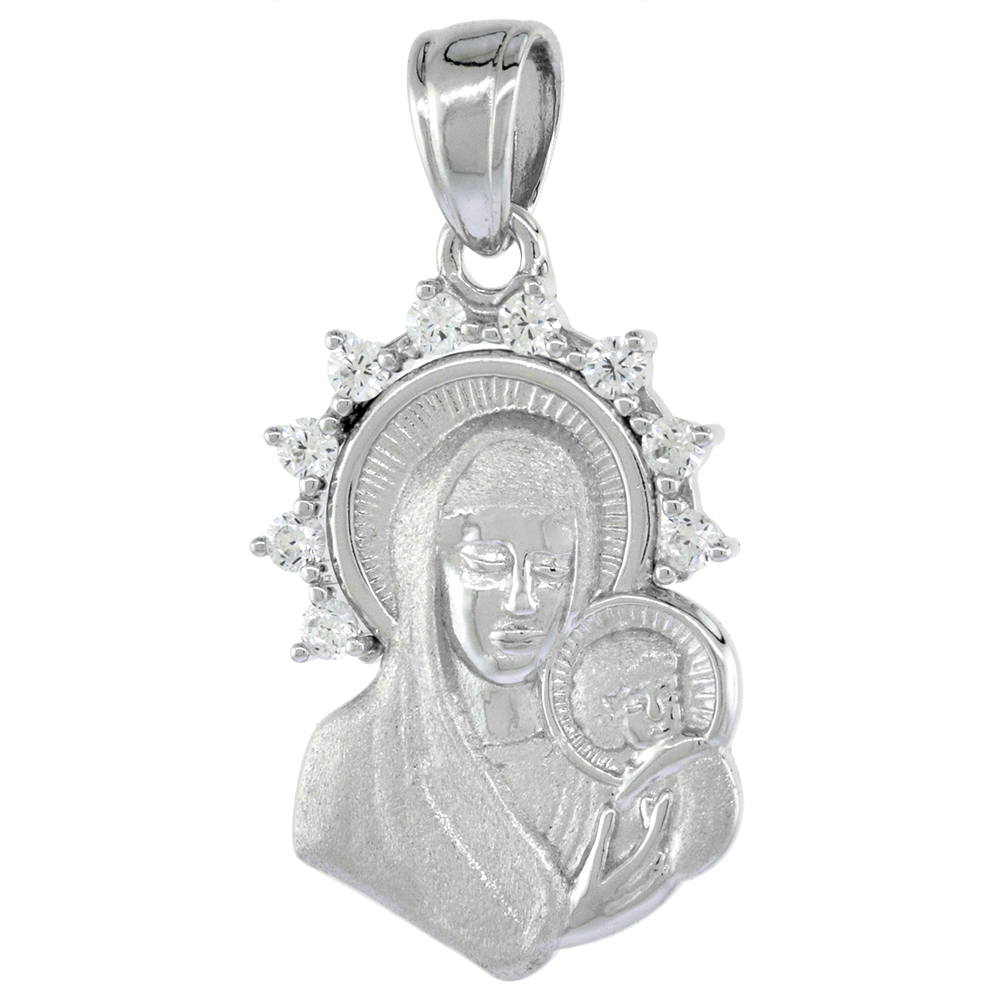 7/8 inch Sterling Silver Cubic Zirconia Madonna and Child Necklace CZ Halo Rhodium Finish 16-24 inch