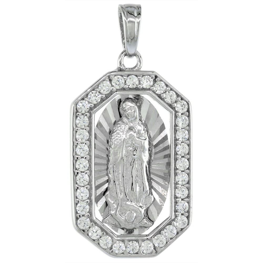 3/4 INCH STERLING SILVER CUBIC ZIRCONIA OUR LADY OF GUADALUPE PENDANT MICROPAVE OCTAGON FRAME RHODIUM FINISH NO CHAIN INCLUDED (NO CHAIN)