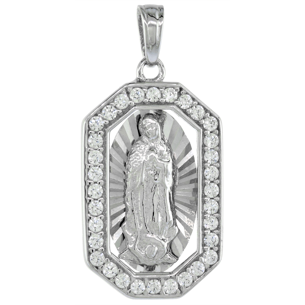 3/4 inch Sterling Silver Cubic Zirconia Our Lady of Guadalupe Necklace Micropave Octagon Frame Rhodium Finish 16-24 inch