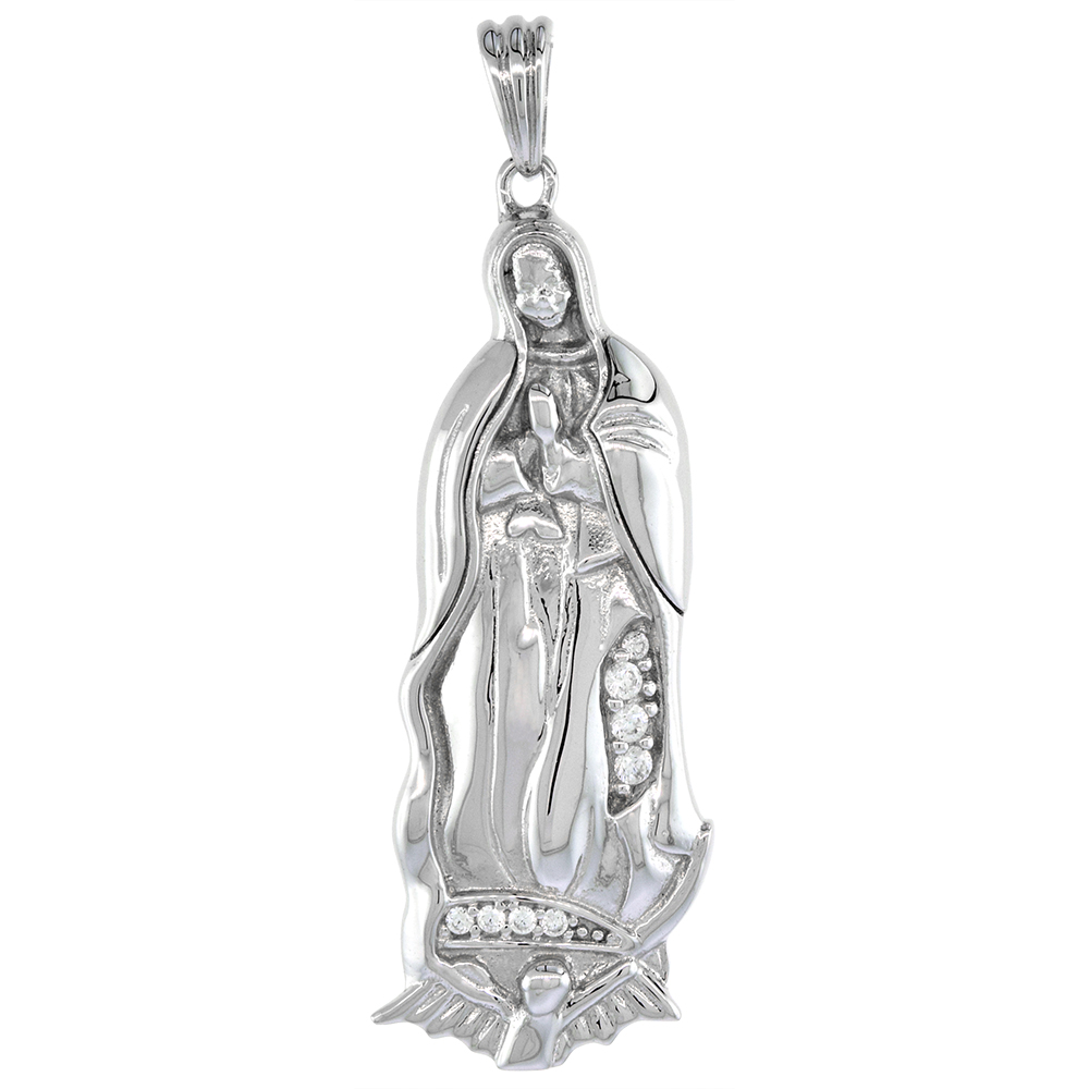 1 5/16 INCH STERLING SILVER CUBIC ZIRCONIA OUR LADY OF GUADALUPE PENDANT WITHOUT HALO RHODIUM FINISH NO CHAIN INCLUDED (NO CHAIN)