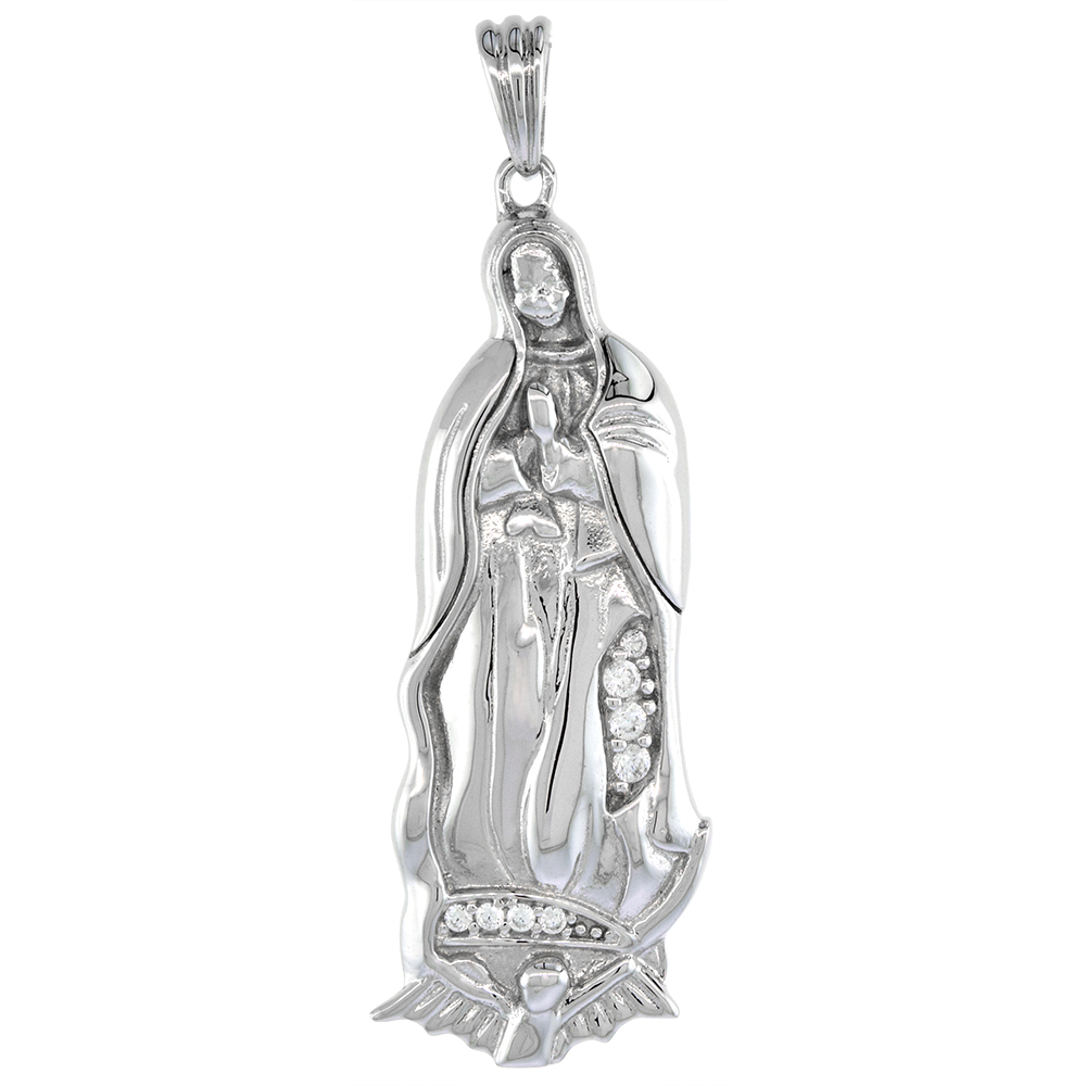 1 5/16 inch Sterling Silver Cubic Zirconia Our Lady of Guadalupe Necklace without Halo Rhodium Finish 16-24 inch