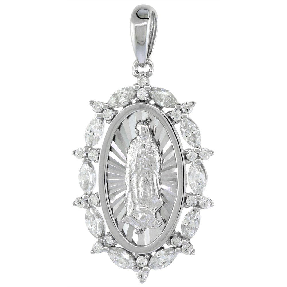 1 INCH OVAL STERLING SILVER CUBIC ZIRCONIA OUR LADY OF GUADALUPE PENDANT ROUND & MARQUISE CZ HALO NO CHAIN INCLUDED (NO CHAIN)