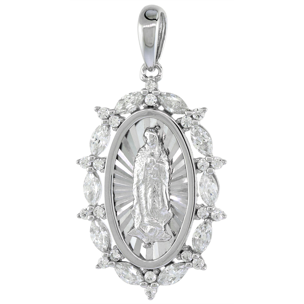 1 inch Oval Sterling Silver Cubic Zirconia Our Lady of Guadalupe Necklace Round & Marquise CZ Halo 16-24 inch
