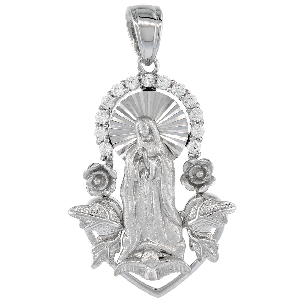 1 1/8 inch Sterling Silver Cubic Zirconia Our Lady of Guadalupe Necklace with Roses Micropave Halo Rhodium Finish 16-24 inch