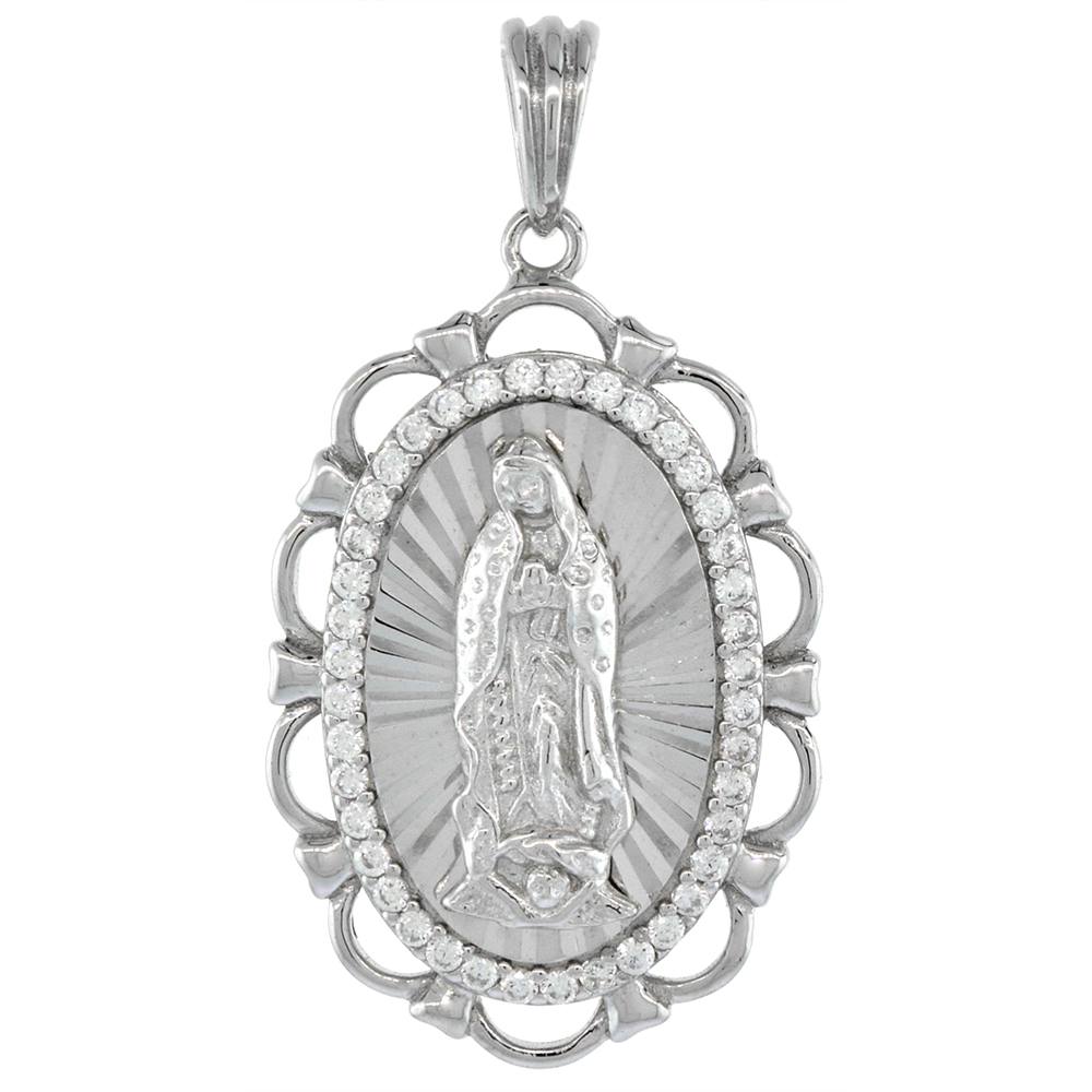 1 1/8 inch Oval Sterling Silver Cubic Zirconia Our Lady of Guadalupe Necklace Oval Micropave Halo Scalloped Frame Rhodium Finish 16-24 inch