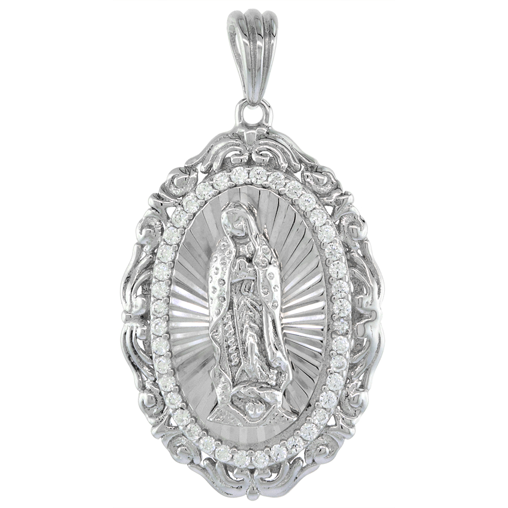 1 1/8 inch Oval Sterling Silver Cubic Zirconia Our Lady of Guadalupe Necklace Oval Micropave Halo Scrolled Frame Rhodium Finish 