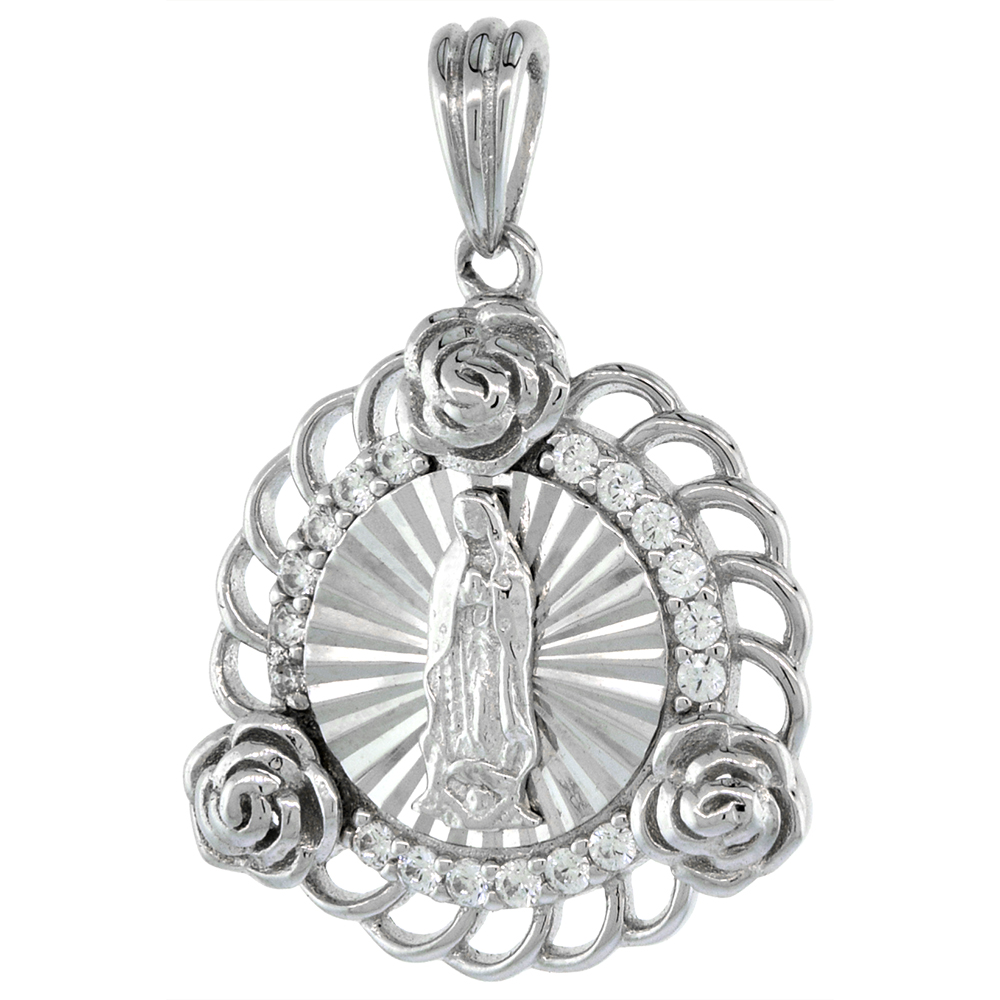 3/4 inch Round Sterling Silver Cubic Zirconia Our Lady of Guadalupe Necklace with 3 Roses Micropave Halo Scrolled Frame 16-24 in