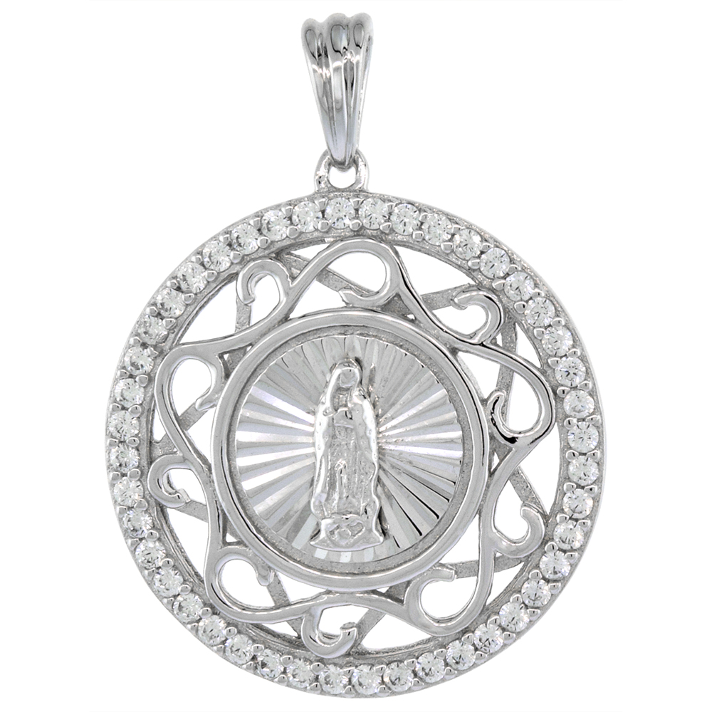 13/16 INCH ROUND STERLING SILVER CUBIC ZIRCONIA OUR LADY OF GUADALUPE PENDANT MICROPAVE HALO SCROLLED FRAME NO CHAIN INCLUDED (NO CHAIN)