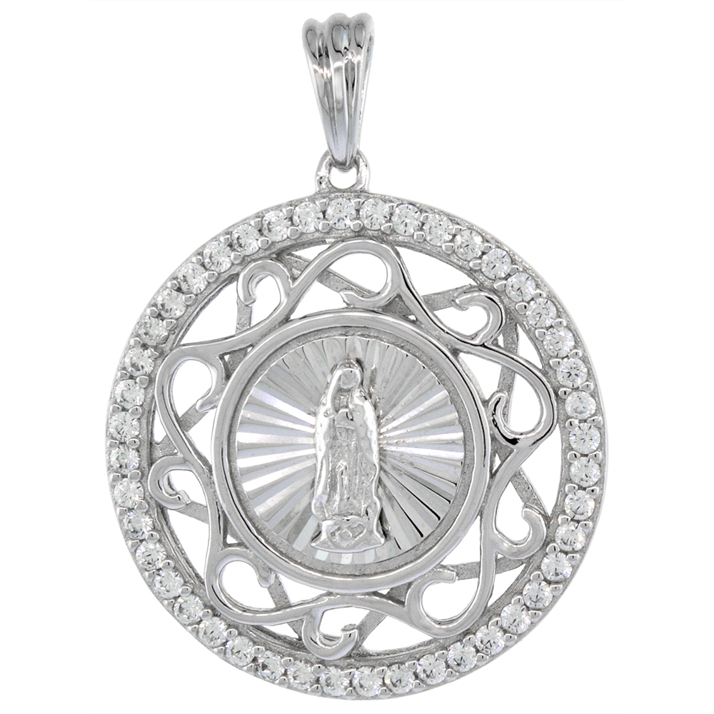 13/16 inch Round Sterling Silver Cubic Zirconia Our Lady of Guadalupe Necklace Micropave Halo Scrolled Frame 16-24 inch