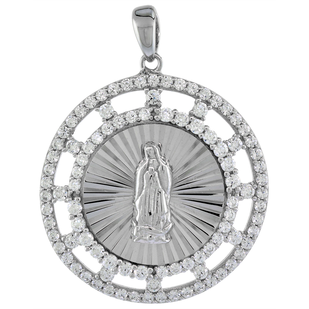 1 inch Round Sterling Silver Cubic Zirconia Our Lady of Guadalupe Pendant Micropave Halo Wheel Frame No Chain Included