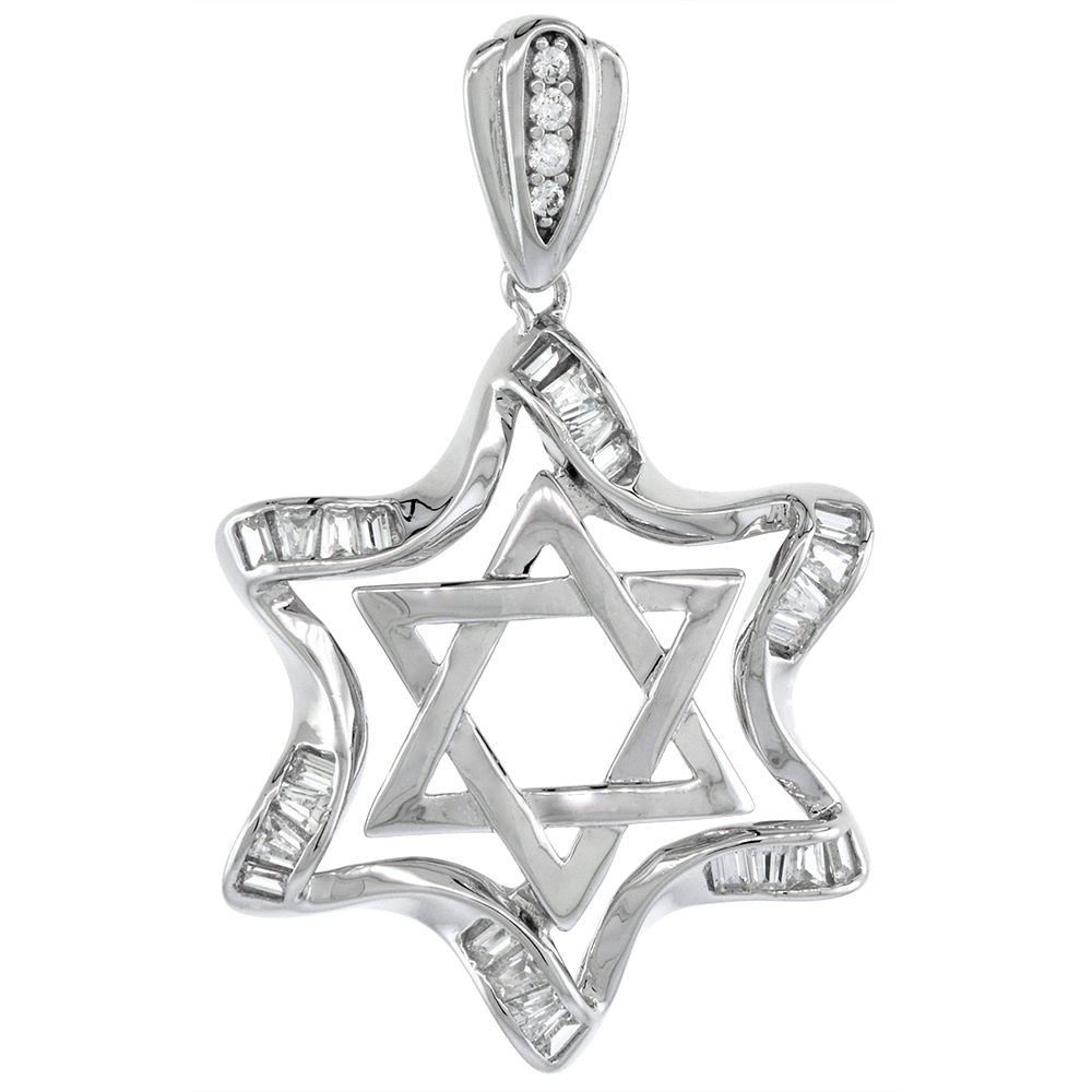 1 1/16 inch Sterling Silver Cubic Zirconia Jewish Star of David Pendant Baguette CZ Halo No Chain Included