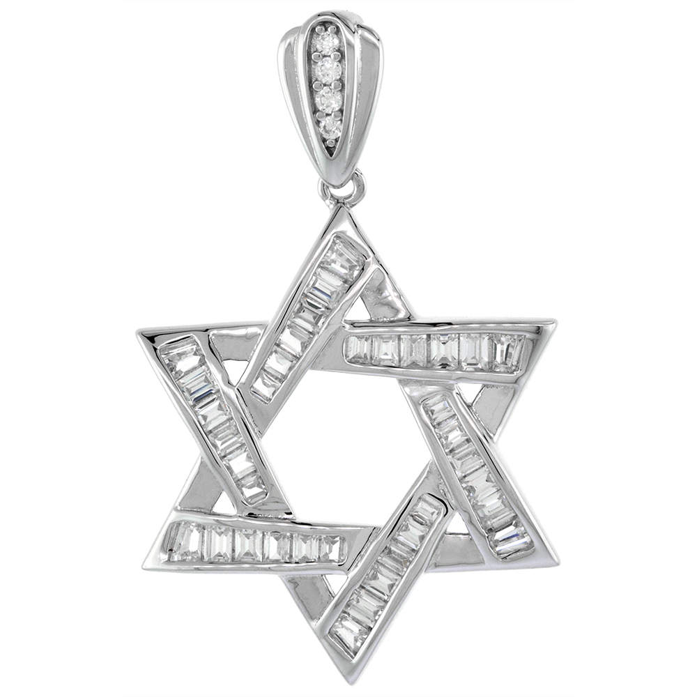 1 inch Sterling Silver Baguette Cubic Zirconia Star of David Necklace Rhodium Finish 16-24 inch