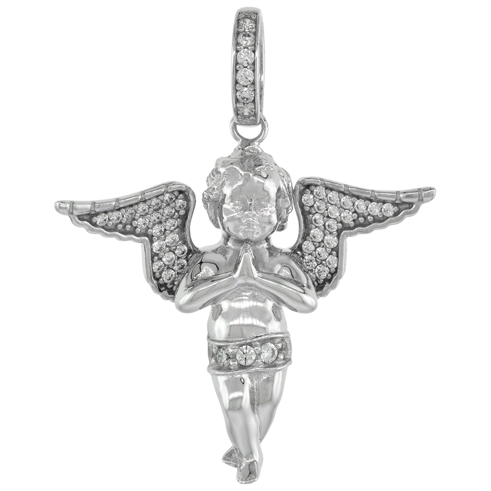 1 INCH STERLING SILVER CUBIC ZIRCONIA CHERUB PENDANT FOR WOMEN MICROPAVE RHODIUM FINISH