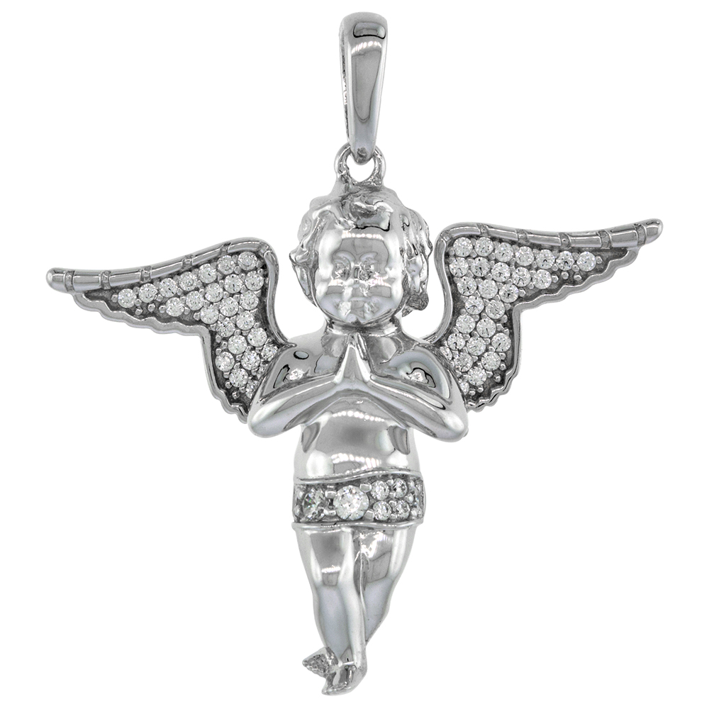 1 1/8 INCH STERLING SILVER CUBIC ZIRCONIA CHERUB PENDANT FOR WOMEN AND MEN RHODIUM FINISH