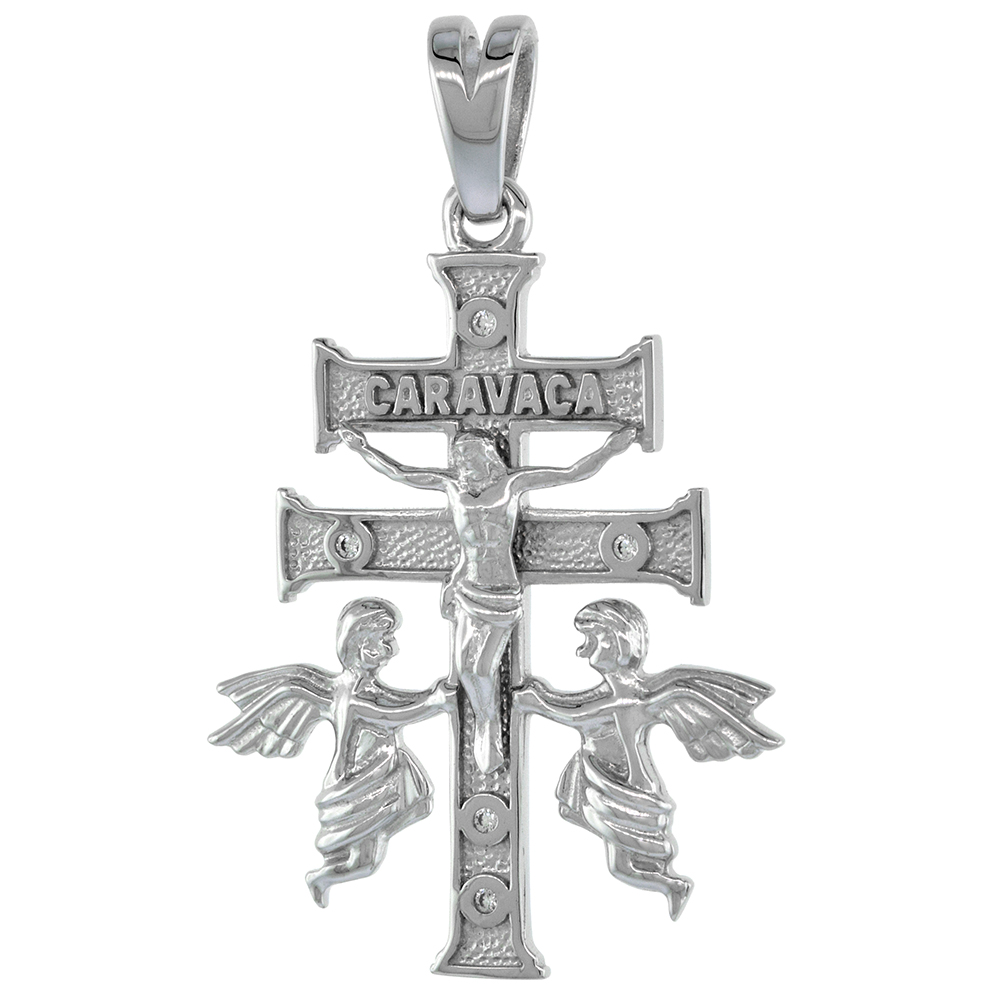 1 1/4 INCH STERLING SILVER CUBIC ZIRCONIA CROSS OF CARAVACA PENDANT FOR MEN AND WOMEN RHODIUM FINISH