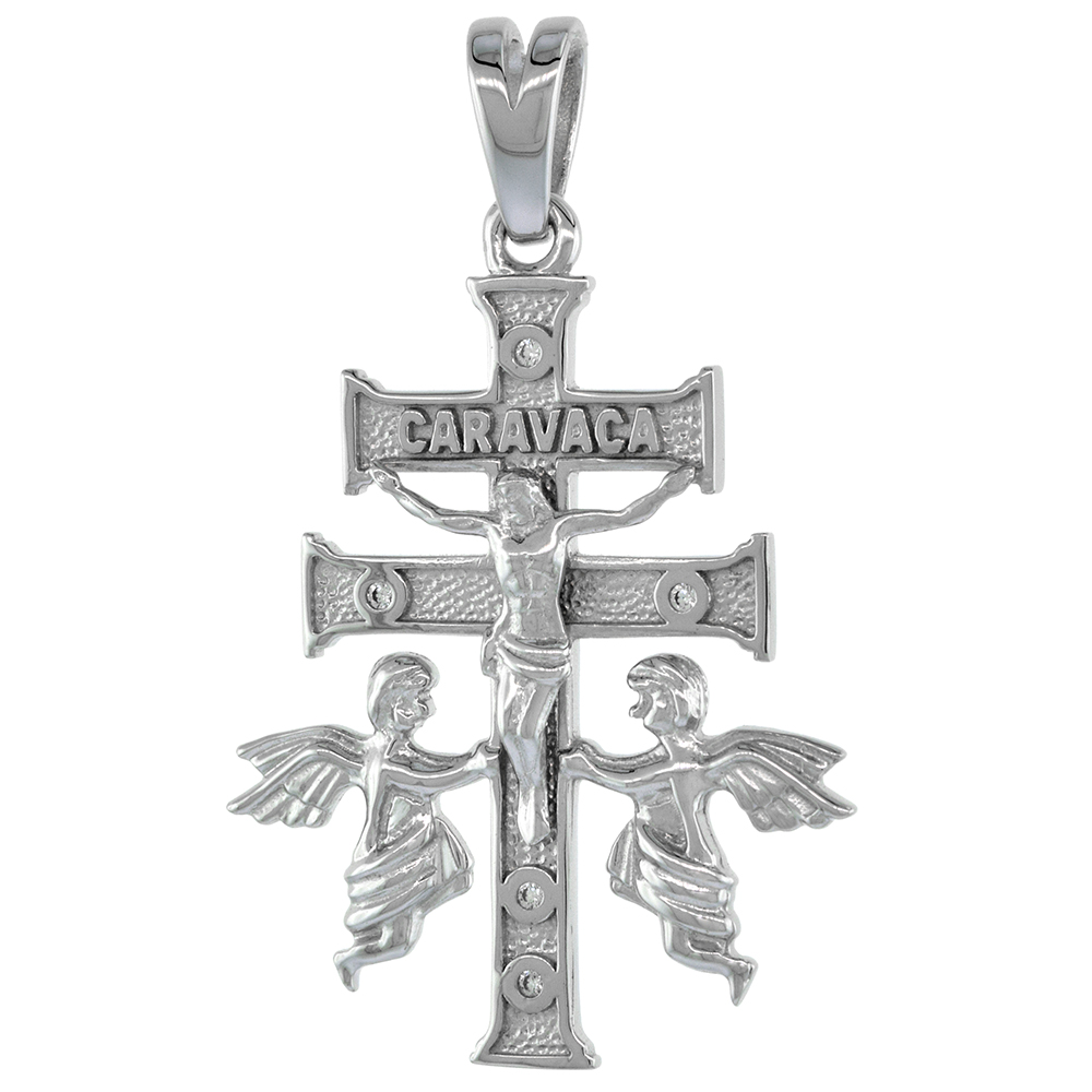 1 1/4 inch Sterling Silver Cubic Zirconia Cross of Caravaca Pendant for Men and Women Rhodium Finish