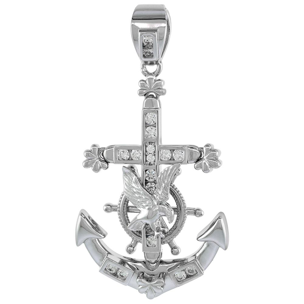 1 3/8 INCH STERLING SILVER CZ MARINER ANCHOR CROSS PENDANT FOR MEN ARTICULATED ENDS RHODIUM FINISH