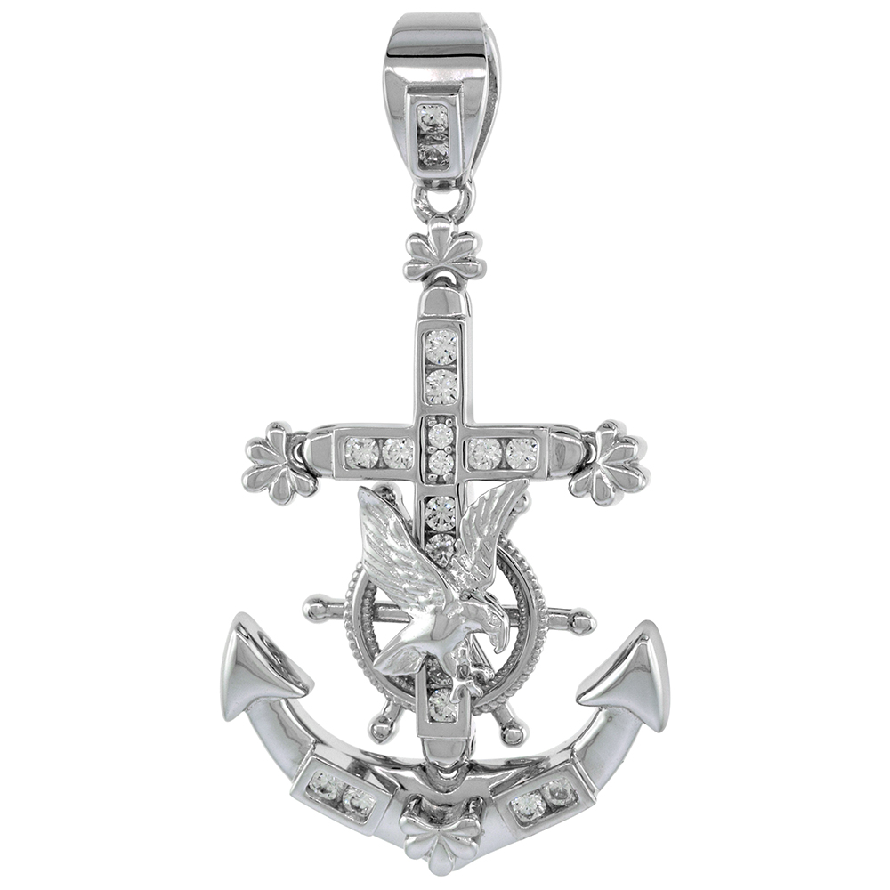 1 3/8 inch Sterling Silver CZ Mariner Anchor Cross Pendant for Men Articulated Ends Rhodium Finish